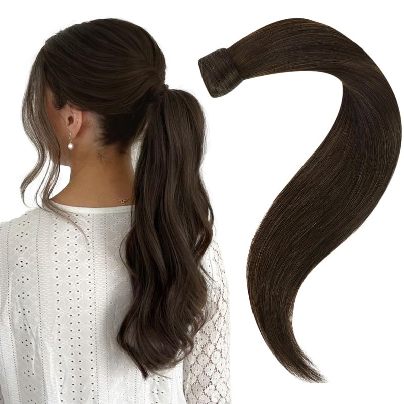 Easyouth Ponytail Extension Human Hair Brown Pony Tails Hair Extensions Dark Brown 12 Inch 70g Human Hair Ponytail Natural Look for Daily Wear - Image 1